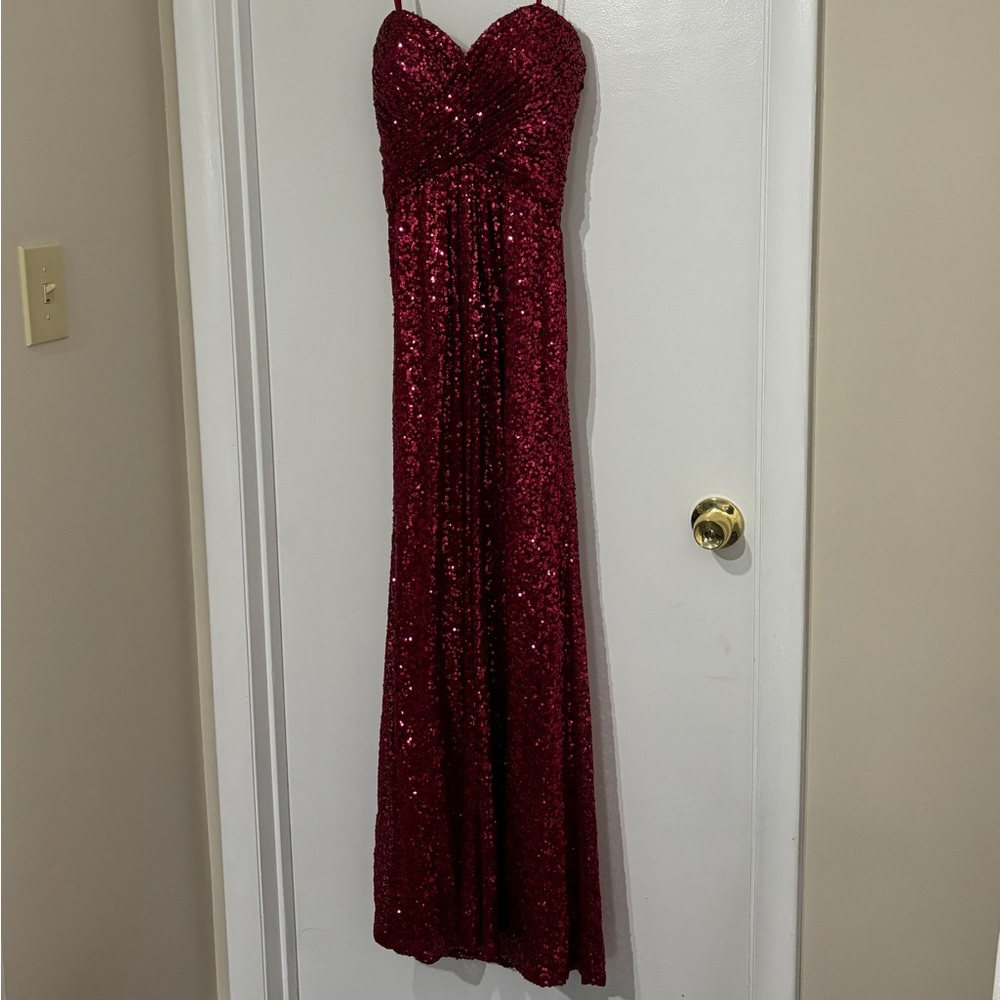 La Femme Red Sequin Strapless Prom Dress